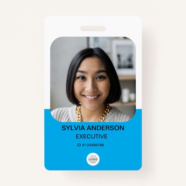 Blue Custom Photo Employee ID Logo QR Code Badge (Front)