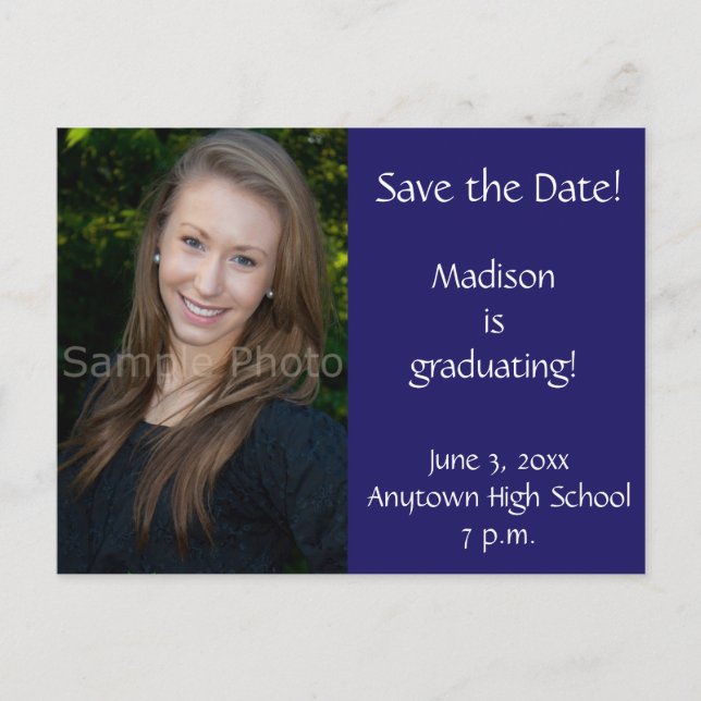 Blue Custom Photo Graduation Save the Date Card (Front)