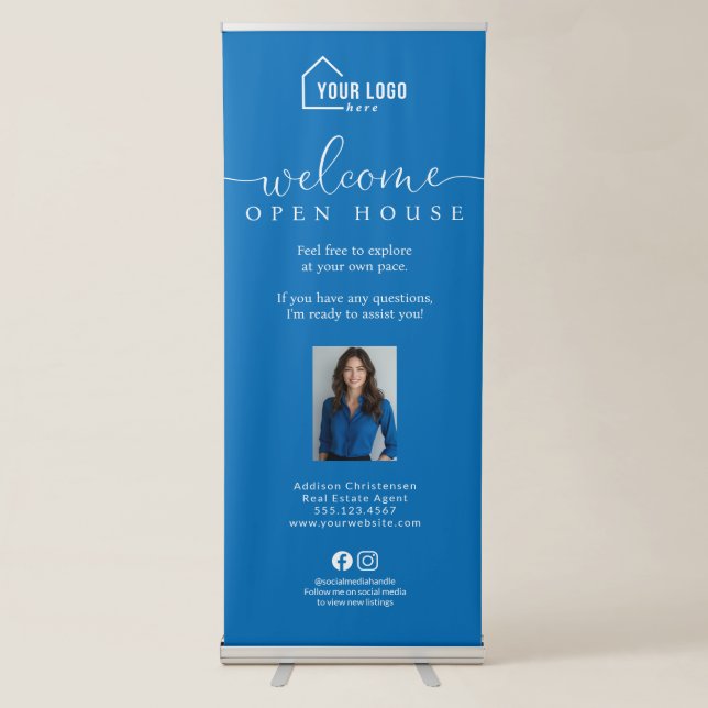 Blue Custom Realtor Logo Photo Open House Retractable Banner (Front)
