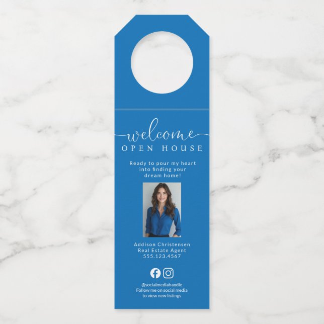 Blue Custom Realtor Open House Water Bottle Tags (Front)