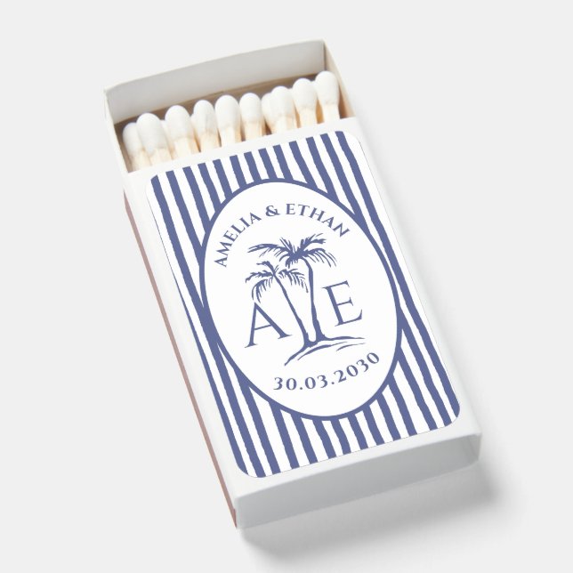  Blue Custom Striped Beach Party Tropical Wedding  Matchboxes (Front Open)