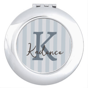 Blue Custom Striped Circle Monogram Compact Mirror