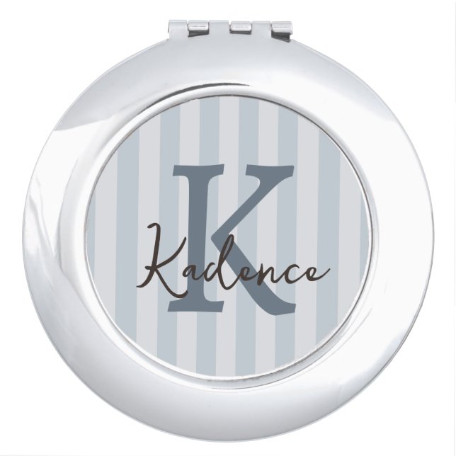 Blue Custom Striped Circle Monogram Compact Mirror (Front)