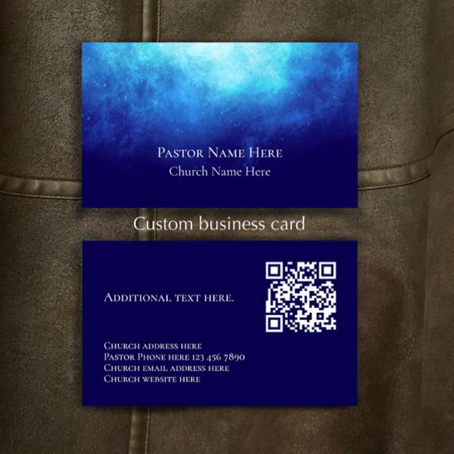 Blue Custom Text Christian Church Pastor QR Code  Business Card (Personalize this unique modern custom business card template. Blue nebula original design.)