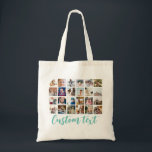 Blue custom text photo grid collage Tote Bag<br><div class="desc">Trendy photo grid collage custom text Tote Bag
Perfect photo gift for your love ones</div>