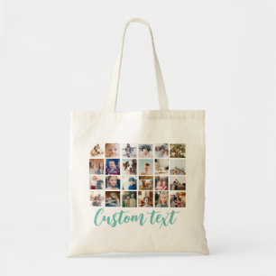 Blue custom text photo grid collage Tote Bag