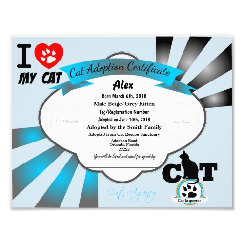 Blue Customizable Cat Adoption Certificate Photo Print