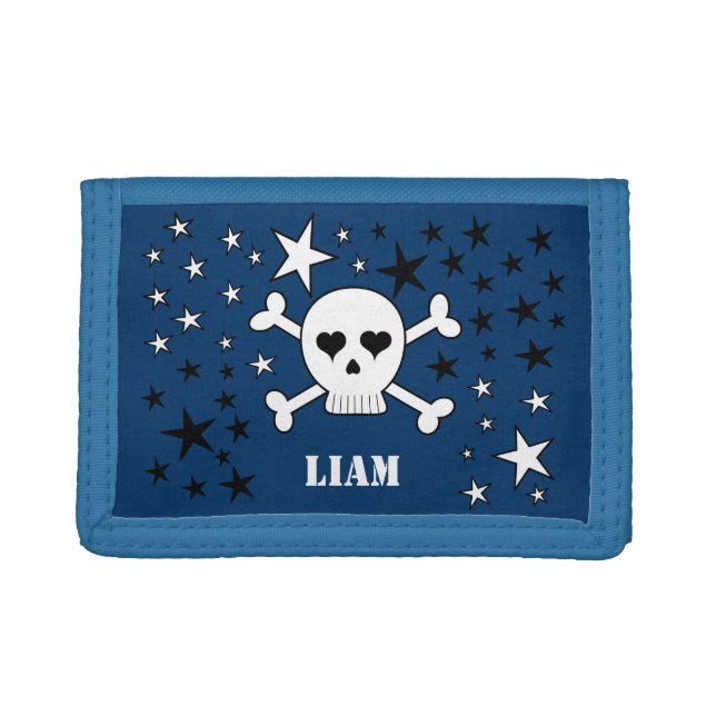Blue Customizable Cute Skull and Crossbones Trifold Wallet (Front)