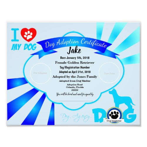 Blue Customizable Dog Adoption Certificate Photo Print