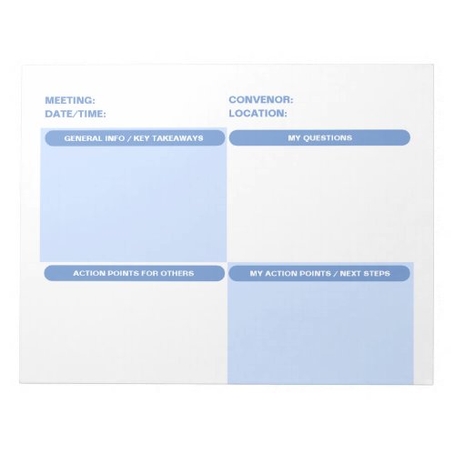 Blue Customizable Four Part MEETING NOTES Notepad