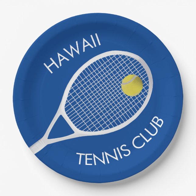 Blue Customizable Tennis Club White Racket  Paper Plates (Front)