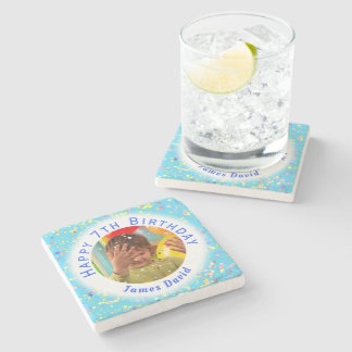 Blue Customizable Watercolor Confetti Birthday Stone Coaster