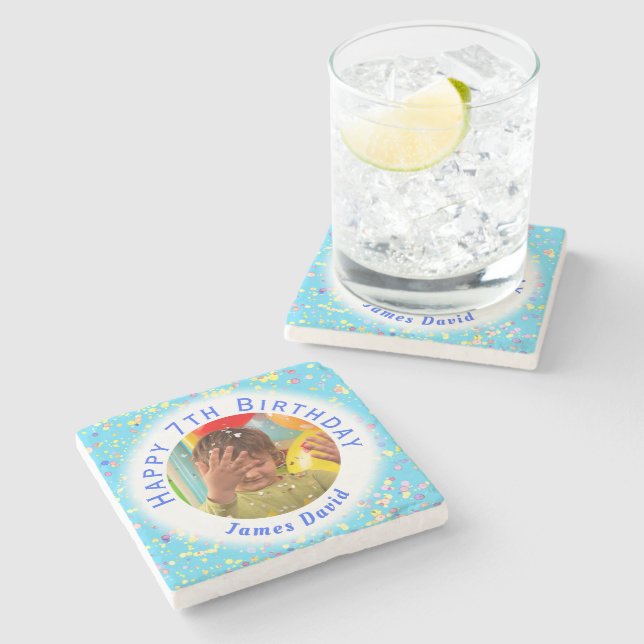Blue Customizable Watercolor Confetti Birthday Stone Coaster (Side)