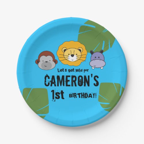 Blue Cute 1st Birthday Jungle Safari animal theme Paper Plates