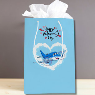Blue Cute Airplane & Clouds, Kids Valentine's Day Medium Gift Bag