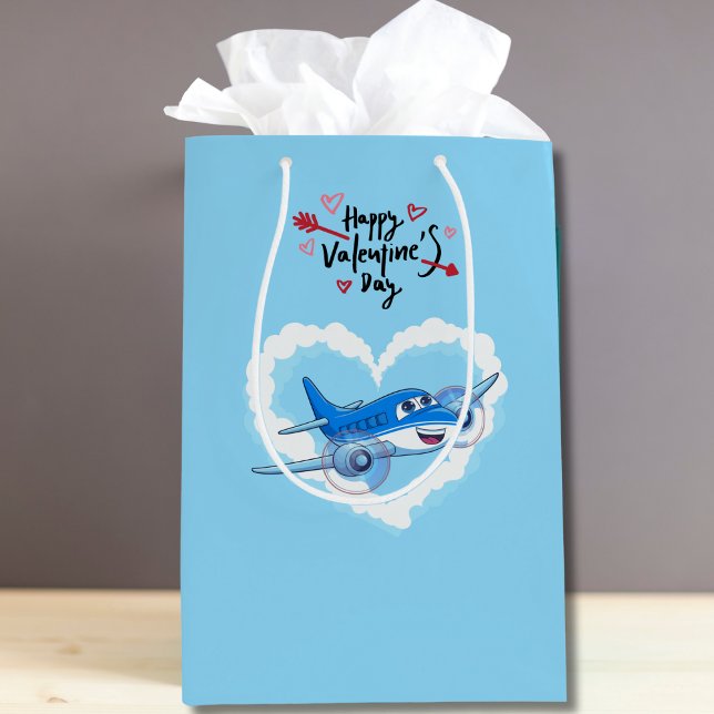 Blue Cute Airplane & Clouds, Kids Valentine's Day Medium Gift Bag (Creator Uploaded)