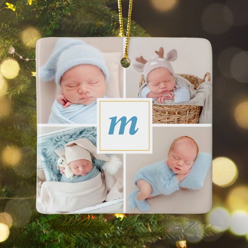 Blue Cute Babys First Christmas Photo Monogram Ceramic Ornament