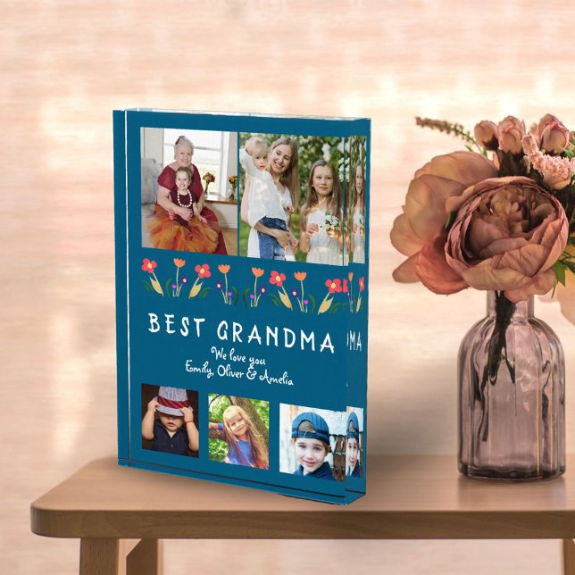Blue Cute Best Grandma Flowers Floral Family Photo Block (Creator Uploaded)