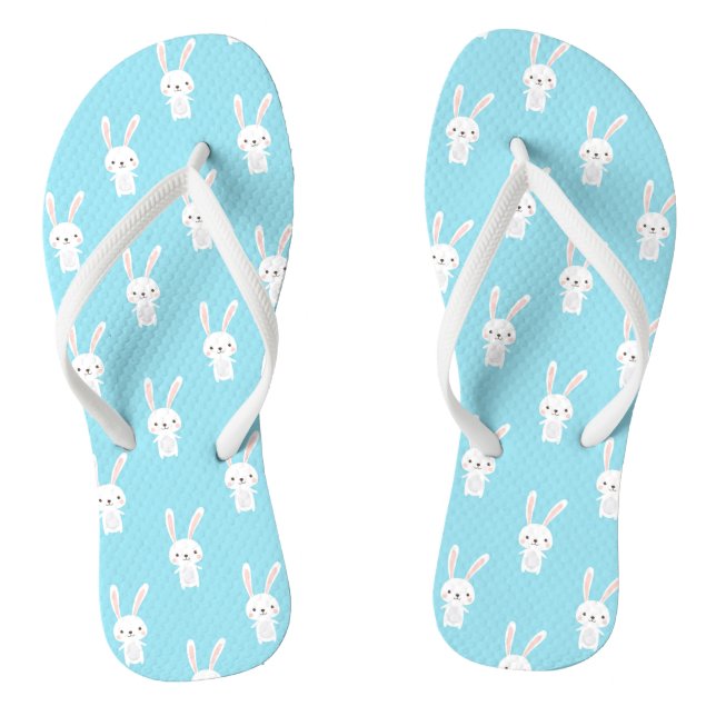 Blue Cute Bunny Rabbit Easter Holidays Pattern Flip Flops (Footbed)