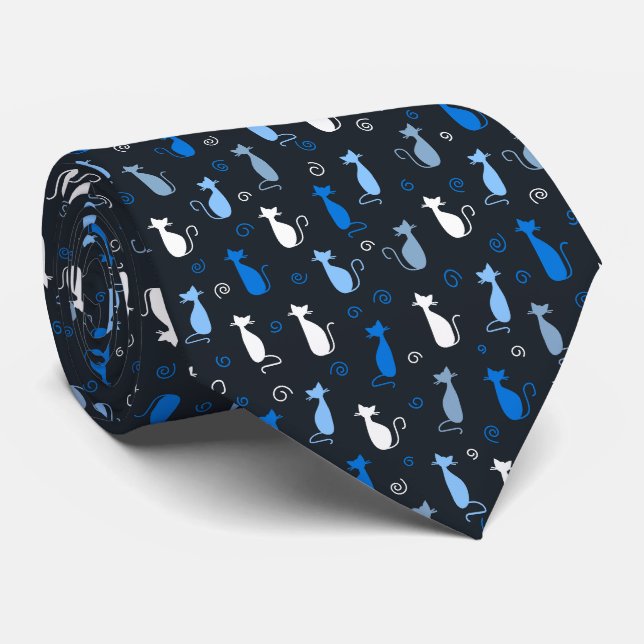 blue cute cat pattern neck tie (Rolled)