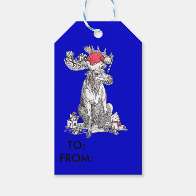 Blue Cute Christmas Sitting Moose With Gifts Gift Tags