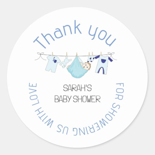 Blue Cute Clothesline Baby Shower Thank You Favor Classic Round Sticker