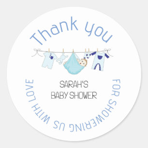 Blue Cute Clothesline Baby Shower Thank You Favor Classic Round Sticker