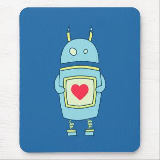 Blue Cute Clumsy Robot With Heart Mouse Pad