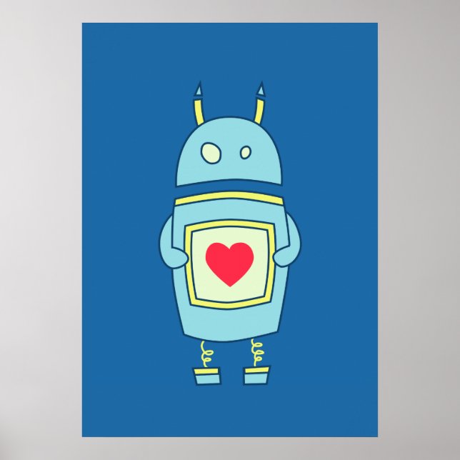 Blue Cute Clumsy Robot With Heart Poster (Front)