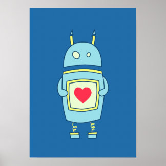 Blue Cute Clumsy Robot With Heart Poster