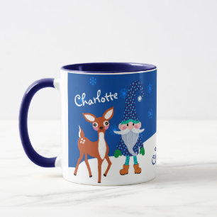 Blue Cute Deer and Gnome Personalized Christmas Mug