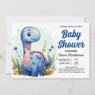 Blue Cute Digital Dinosaur Boy Baby Shower Invitation
