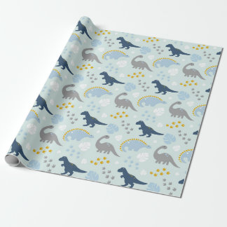 Blue Cute Dinosaur Baby Shower Pattern Wrapping Paper