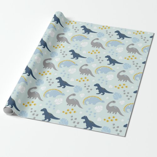Blue Cute Dinosaur Baby Shower Pattern  Wrapping Paper
