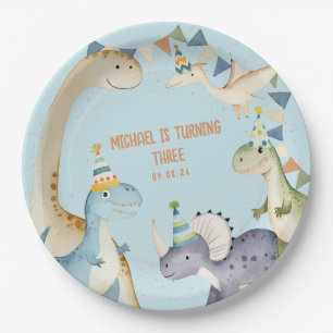 Blue cute dinosaur dinomite birthday party paper plates