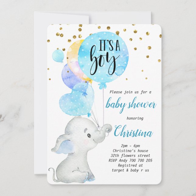 Blue Cute Elephant Baby Boy Shower Balloon Invitation (Front)