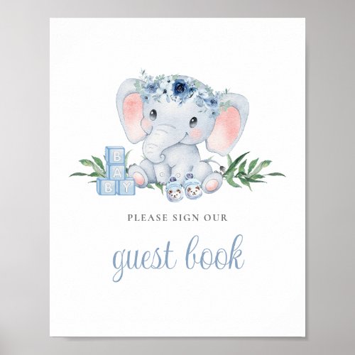 Blue Cute Elephant Baby Shower Guest Book Sign