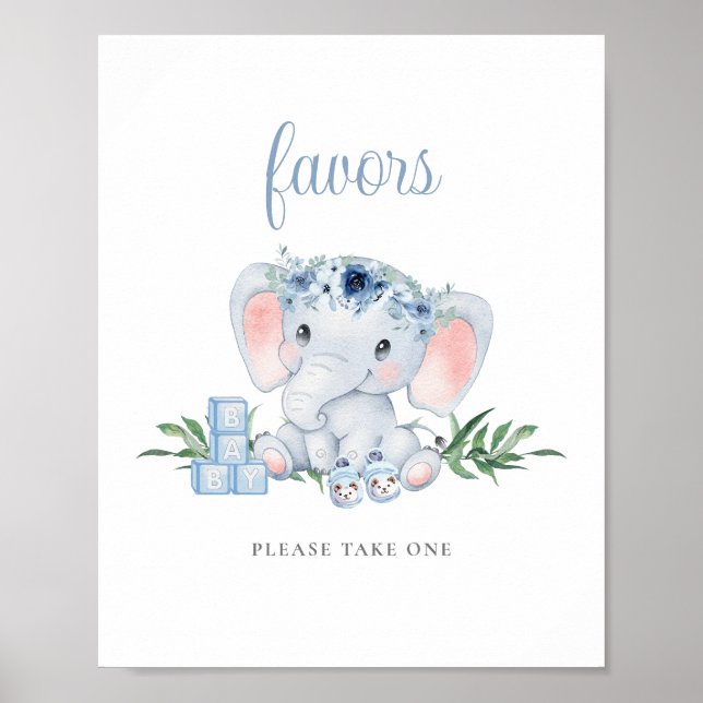 Blue Cute Elephant Boy Baby Shower Favors Sign (Front)