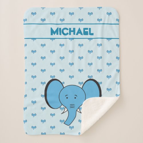 Blue Cute Elephant Illustration with name Sherpa Blanket