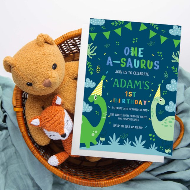 Blue Cute First 1st Birthday Green Dinosaur Invitation (Creator Uploaded)