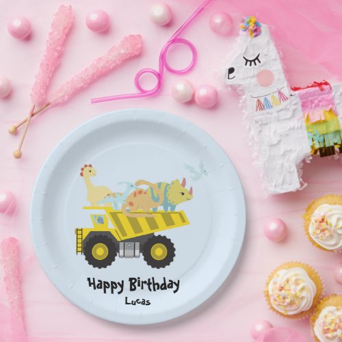 Blue Cute fun dinosaur tractor HBD DIY NAme Balloo Paper Plates