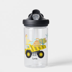 Blue Cute fun dinosaur tractor To School DIY NAme Water Bottle