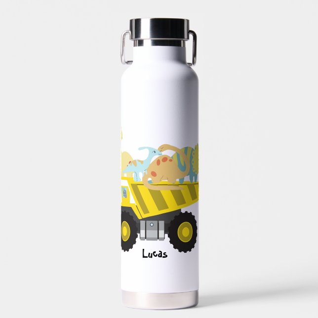 Blue Cute fun dinosaur tractor To School DIY NAme  Water Bottle (Front)