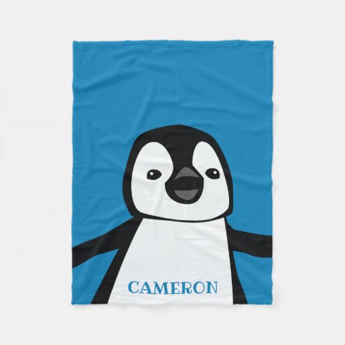 Blue Cute Funny Penguin Nursery Black and white Fleece Blanket