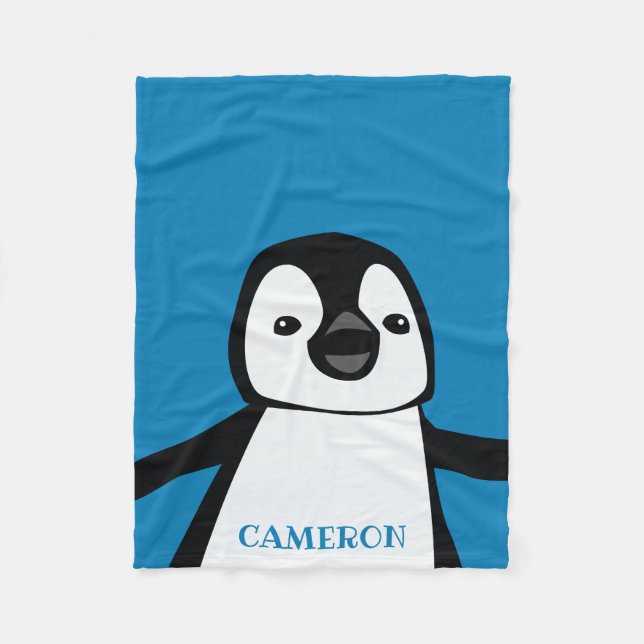 Blue Cute Funny Penguin Nursery Black and white Fleece Blanket (Front)