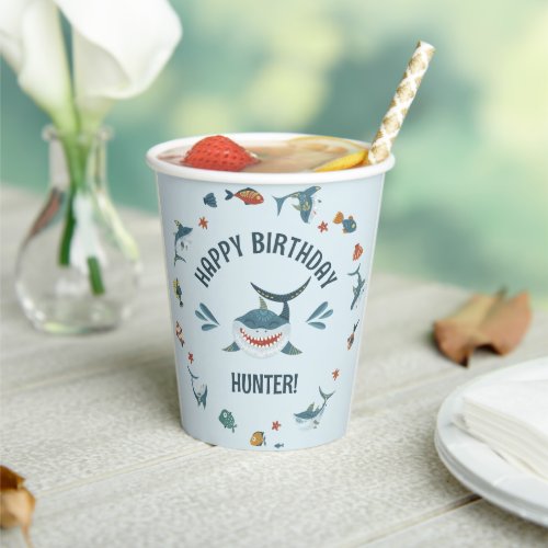 Blue Cute Funny Shark Birthday Party Paper Cups