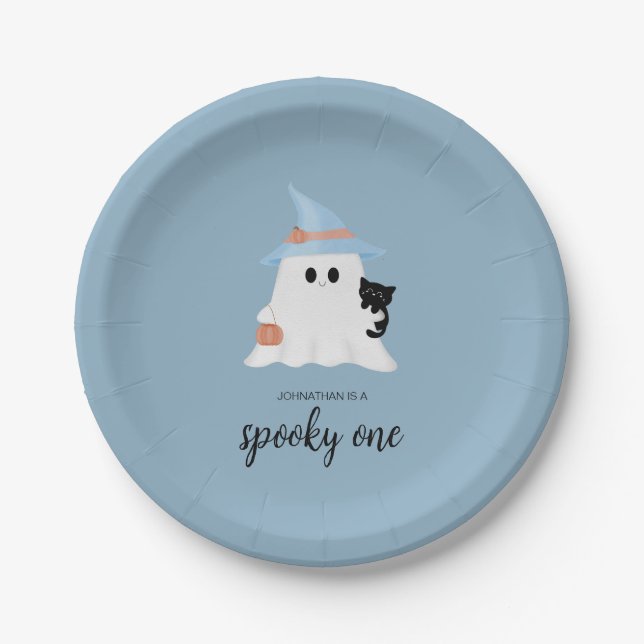 Blue Cute Ghost Halloween 1st Birthday Boy Paper Plates (Front)