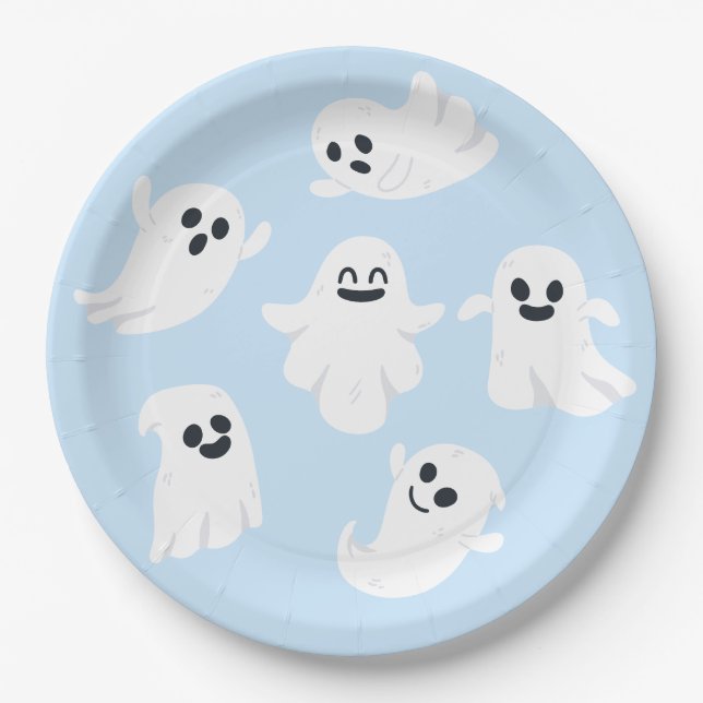 Blue Cute Ghost Halloween Fall Baby Shower Paper Plates (Front)