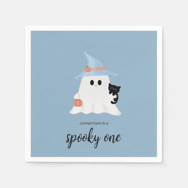 Blue Cute Ghost Halloween Spooky One Birthday  Napkins (Front)