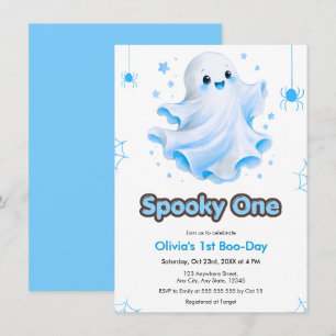 Blue Cute Ghost Spooky One Halloween 1st Birthday Invitation
